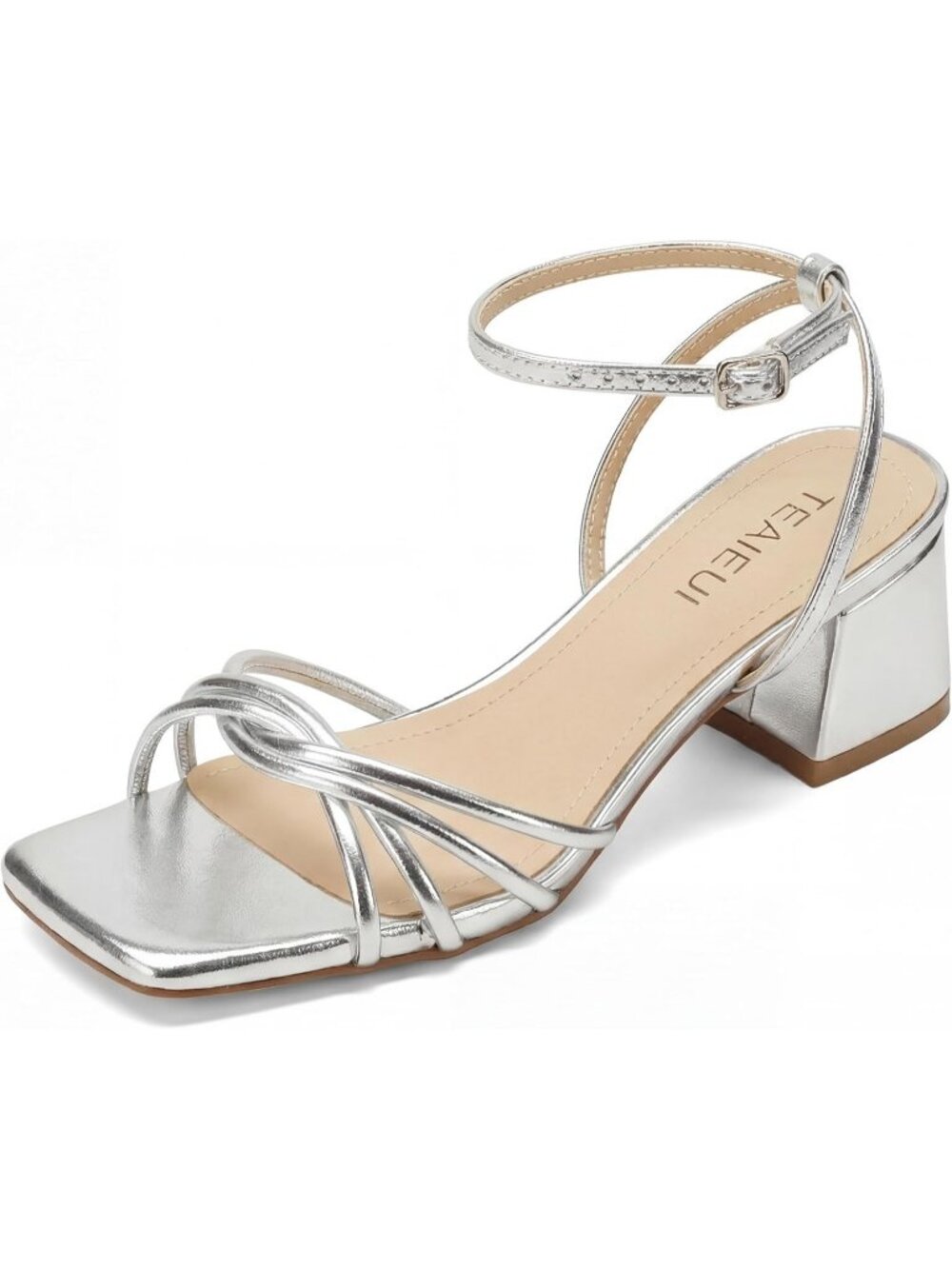 Women's Silver Square Open Toe Strappy Ankle Strap Low Chunky Heels Sandals